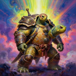 humanoid anthropomorphic turtle 🐢 warrior, [ style ] [ oil painting ] [ palate ] [ vibrant gothic colors ], vibrant neon nebulous clouds, radiant light rays, photorealistic painting, intricate and fine details, volumetric lighting, artstation,