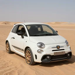 a 2 0 1 0 abarth 5 0 0, abandoned in a desert, dusty, damaged, some rust