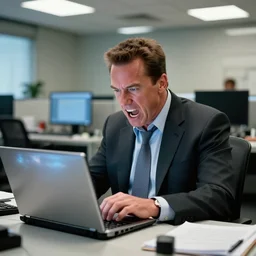 arnold schwarzenegger as conan the barbarian, as an office worker, in an office, inside an office building, sitting at a desk, angrily shouting at a laptop, computer trouble, technical difficulties, software error, crisp lighting, studio lighting