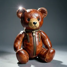 vintage analog product photography of a polished leather teddybear, 70s design, many zippers, gimp suit, studio lighting, film grain, lensflare, color bleed, glare
