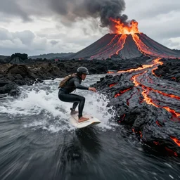 surfing down a river of lava on the side of a volcano, action shot, dystopian, motion blur, sharp focus, imax, octane render