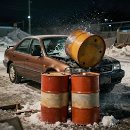 Action shot of a 1993 brown nissan maxima crashing into two construction drums stacked on top of each other, the windshield is being smashed by the top construction drum, moment frozen in time, photo realistic, night, piles of old snow, photo realistic, depth of field, award winning, cinematic, color graded