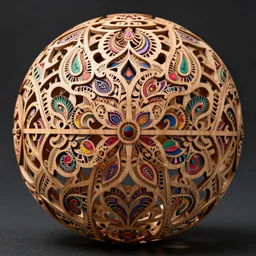 a stunning ultra detailed intricate lasercut spherical wooden relief sculpture made of tiny repetitive colorful paisley patterns, curvy fractals, by gabriel shama, balinese woodwork, artstation, deep depth of field, volumetric lighting, 3 d model, 8 k, dark background, 2 0 mm lens