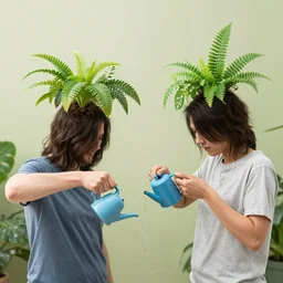 a couple with plants growing out of their heads watering each other