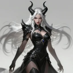 a highly detailed illustration of fierce beautiful long white haired horned demon woman wearing black battle dress, dramatic power pose, perfect face, perfect body, intricate, elegant, highly detailed, centered, digital painting, artstation, concept art, smooth, sharp focus, league of legends concept art, wlop.
