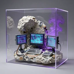 artwork by jesper just with wax, porcelain, cables and monitors, eroded stone in a plexiglas box, purple smoke, ultra realistic, depth, beautiful lighting, glitch, sigma, 8 k, 3 5 mm, f / 3 2