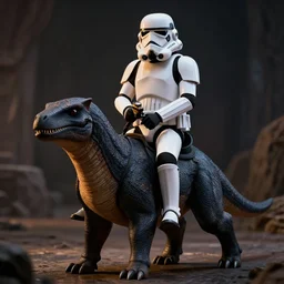 a storm trooper riding a rancor, moody lighting, shallow depth of field,