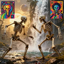 Skeletal Androids embrace , highly detailed, half skull face, cinematic, 3d renderings of two Skeletons fighting in front of a waterfall, infographic for imaginary animals, golden hour, backlit by an alien planet, sharp focus, psychedelic LSD manga, abstract oil painting by Raqib Shaw and joseph albers, MC Escher illustration, 8k,by Stanley Artgermm,Tom Bagshaw,Greg Rutkowski,Carne Griffiths, Ayami Kojima, Beksinski, Giger,trending on DeviantArt,hyper detailed,horror, full of colour, golden hour