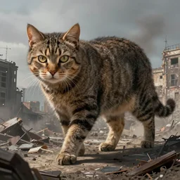 gigantic cat walking on apocalyptic city, very detailed fine art, trend of artistation, style of greg rutkowski and kasinskii