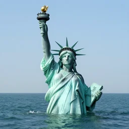 statue of liberty submerged in the sea, hd, statue of liberty, daytime, neck above water, 4 k, octane render, ultra detail