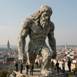 the stone giant over the big city on the horizon. beautiful, realistic, 4K by Anita Kunz, Leonardo da Vinci, Peter Mohrbacher, Tomasz Jedruszek and Jakub Różalski, Trending on artstation