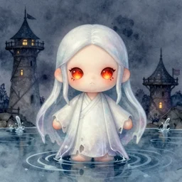 dreamlike nightmare watercolor painting cute fumo plush girl in tattered ghostly robes with burning red eeys in the flooded watchtower of a fallen civilization, washed out melting, long glowing wisps of trailing volumetric smoke, runic markings, deep focal depth f / 2. 8, vray