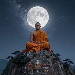 high definition render of a monk on top of a mountain, alex gray, wes wilson, alton kelley, full moon, milky way, galaxy, buddhism, 8 k, intricate, raytracing, cinematic