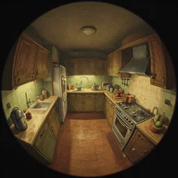 fisheye spiral lines, naive nerikomi, weird perspective, extra narrow, detailed illustration of a kitchen dimly lit by rhads from lorax movie, trending artstation, octane render