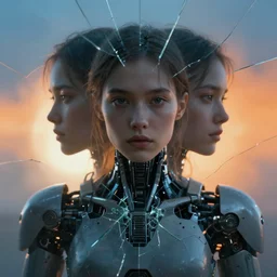 symmetry closeup portrait of a cyborg girl, shattered glass, cinematic light, backlight, orange sky blue, misty, mecha, by mikhail vrubel, by philippe druillet, by peter elson, by gerald brom, muted colors, ( ( extreme detail ) ), trending on artstation, 8 k