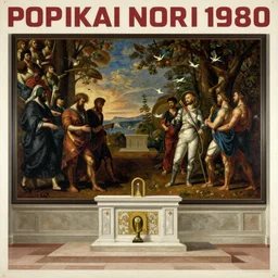 monument altar place interior, monumental painting by gerrit van honthorst and hajime sorayama and devis stuart, illusion surreal art, highly conceptual figurative art, intricate detailed oil illustration, controversial poster art, polish poster art 1 9 8 0