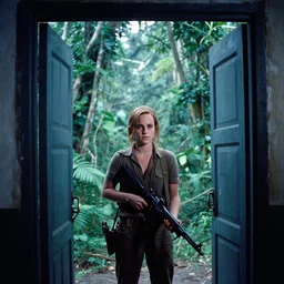 film still, extreme far view, emma watson, jungle, vietnam door gunner, apocalypse now, associated press,, 2 6 mm, kodak ektachrome e 1 0 0, blue tint expired film,