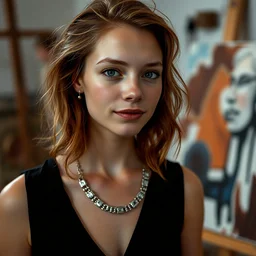 a portrait photograph of a crazy beautiful young woman painter in her studio, wearing a black dress and silver necklace, copper brown hair, dark blue eyes, dof, sharp focus, slight smile, pale, highly detailed face, symmetric face, 4 k, cinestill 8 0 0 t, exif, raw, photography by wes anderson