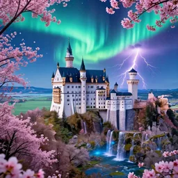neuschwanstein castle on holokalani black beach of maui in royal blue antelope canyon during sakura season on an interstellar aurora borealis with heavy thunder and lightning, pink waterfalls, flowers, by peter mohrbacher, james jean, james gilleard, greg rutkowski, vincent di fate, rule of thirds, octane render, beautiful landscape