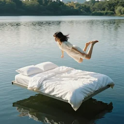 young girl hovering above her bed, the bed floats on a lake, the view is from the side, award winning photo in the style of Maia Flore