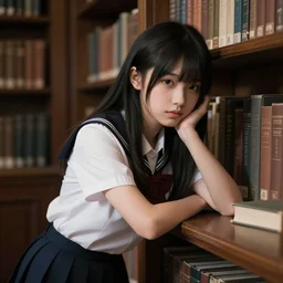 magical and mystical, illustrious makinami, school girl leaning on a library, octane render, rembrandt, cgsociety, artstation trending, highly detailded
