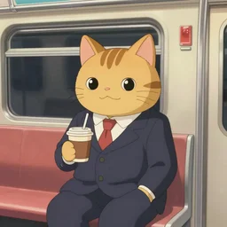 “ unhappy cat wearing a suit holding coffee riding the subway, studio ghibli, spirited away, anime, by hayao miyazaki ”