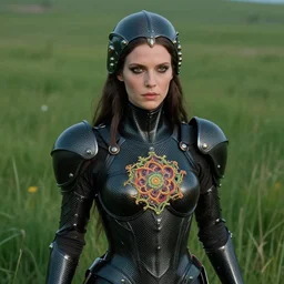 close up of the vaunted mandelbrot goddess, grass meadows backdrop, unorthodox apparel, carbon fiber armor, mandelbrot set, ( ( ( ( ( antelope canyon resemblance ) ) ) ) ), still from alien 1 9 7 9, cinematic lighting, 3 5 mm panavision camera, cgi edit