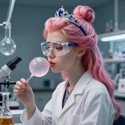 highly detailed, profile portrait of beautiful princess bubblegum, experimenting in her science lab, wearing lab coat and safety glasses and sapphire tiara, bubblegum hair with sapphire tiara, bubblegum face, bubblegum body, depth of field, illustration, concept art by nicoletta ceccoli, mark ryden, lostfish, detailed and intricate environment, 8 k resolution, hyperrealistic, octane render
