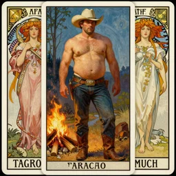 a beautiful portrait painting of a handsome shirtless cowboy wearing cowboy hat and boots with a chunky build and belly next to a campfire, homoerotic!, tarot card, art deco!, art nouveau,  by Walter Crane, by Mark Maggiori, by Alphonse Mucha, trending on artstation