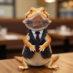 a bearded dragon standing up, wearing a suit and tie in a restaurant, with his hands together