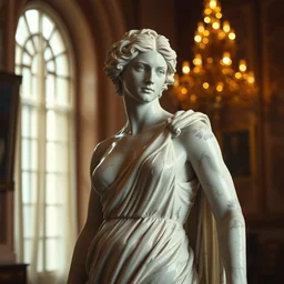 dirk sputtly in cottagecore dress as a marble statue, ultra detailed, golden hour, indoors, f 1. 4, 4 0 0 0 k
