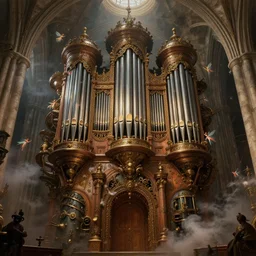 giant steampunk pipe organ in an underground cathedral, smoke, fairies, volumetric lighting, detailed baroque oil painting, extremely hyper - detailed, intricate, epic composition, cinematic lighting, masterpiece, trending on artstation, detailed detailed detailed, masterpiece, stunning art by anders zorn, wonderful masterpiece by greg rutkowski, beautiful cinematic light, american romanticism by greg manchess, jessica rossier