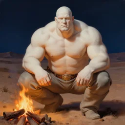 painted portrait of civil war cowboy judge holden, a giant muscular albino man, completely bald. crouched next to a campfire in a desert night. intricate, elegant, highly detailed, centered, digital painting, artstation, concept art, smooth, sharp focus, illustration, artgerm, tomasz alen kopera, peter mohrbacher, donato giancola, joseph christian leyendecker