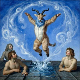 when water grows a beard the man in antelope costume jumps through the roof. incandescent blue, swirls of white. painting by enjolras delphin, paul ranson, paolo ucello