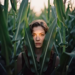 An vintage analog head and shoulder frontal face portrait photography of a woman hiding in a tall corn maze field green leaves by Maxim Nikolaev. Kodak Portra 800 film. shallow depth of field. (Depth of field). whirl bokeh!!. Golden hour. detailed. hq. realistic. warm light. muted colors. dark Mood. Filmic. Dreamy. lens flare. Mamiya 7ii, f/1.2, symmetrical balance, in-frame