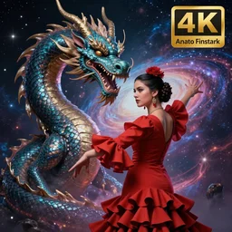 ( hyperrealist distant portrait of a dragon and a girl dressed as flamenco, in the background the universe. ) by anato finnstark, dream, dynamic lighting, beautiful, trending on artstation, wallpaper, 4 k, award winning, digital art, very detailed faces