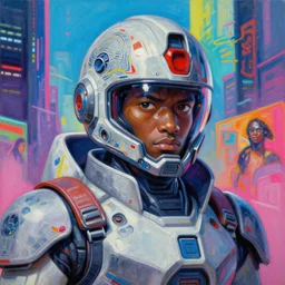anime manga cyberpunk 🧔🏿♂ gundam pilot portrait with an intricate futuristic urban inspired helmet, hyperrealistic oil painting, by makoto shinkai and ilya kuvshinov and lois van baarle and rossdraws and basquiat, trending on artstation, cmyk, chromatic aberration, bright neon color palette,