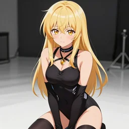Worksafe. Pixiv manga sketch Illustration,Cytus deemo,close-up blonde princess posing in empty photo studio,wearing black leotard,black gloves,pendant,thigh highs.Accurately shaped face, contour lines.Anime style at Pixiv,Danbooru and ArtStation,by krenz cushart,makoto shinkai,tony taka,ilya kuvshinov,shirow masamune,8K HD,clean image,very sharp,high contrast,bokeh