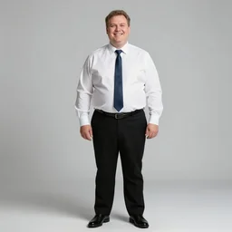 clean - shaven portly white man wearing a crisp white dress shirt, necktie, black trousers, and black shoes. he looks very happy. studio background, studio lighting.