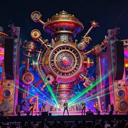 a concert stage, tripmachine, center of the stage is a big futuristic steampunk generator surrounded by steampunk machinery with speaker towers, rock musicians on the stage, laser show, 8 k, fluorescent colors, halluzinogenic, multicolored, exaggerated detailed, unreal engine