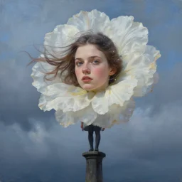 portrait, giant flower head, girl standing on a pillar, surreal photography, wind and cold, dramatic sky, impressionist painting, digital painting, artstation, simon stalenhag