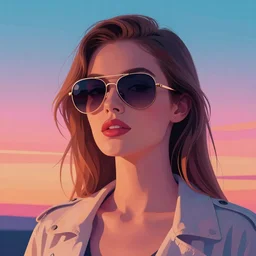 portrait art of an beautiful muted vaporwave sunset ombre stylish retrofuturistic woman wearing oversized aviator sunglasses atmosphere, glow, shaded, full of colour, cinematic lighting, trending on artstation, 4 k, focused, extreme details, vector, by patrick nagel, bold clean lines