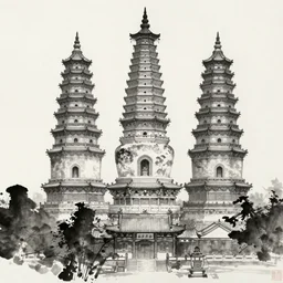 taiyuan twin pagodas, chinese ink painting, monochrome,