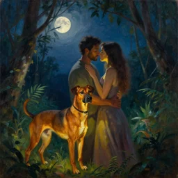 the illuminated mystic Rhodesian ridgeback and a man and a woman in love, softly lit from behind, full moon night in the jungle Portrait by Paul Bonner, oil on canvas