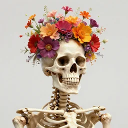 art portrait of skeleton with colorful flowers exploding out of head,8k,by tristan eaton,Stanley Artgermm,Tom Bagshaw,Greg Rutkowski,Carne Griffiths,trending on DeviantArt,face enhance,hyper detailed,minimalist,cybernetic, android, blade runner,full of colour,