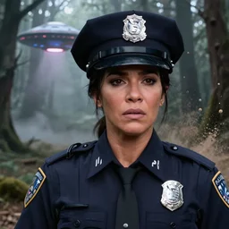 kim kardashian as a cop, police uniform, face portrait, scared emotion, haunted forest with ufo sitting in the distant fog, pretty, aesthetic, dust molecules, matte detailed photo, DeviantArt, Artstation, by donato giancola, ralph horley, loish, ufo lighting