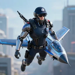 portrait of a flying jet pack police officer from the year 2 0 5 0, futuristic, cyberpunk, cybernetic enhancements