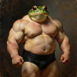 subject:  muscular barbarian oversized half frog half powerlifter anthropomorphic medium shot portrait, style:  very heavy textured rembrandt oil painting with dramatic light