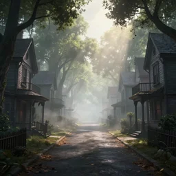 street both sides lined with haunted houses, photo realistic octane render, volumetric lighting, magic fog, sunlight through the trees cinematic, hyperrealistic, fog, cinematic lighting, volumetric lighting, tranquillity, hyper detailed, enhanced hd, ultra view, 8 k