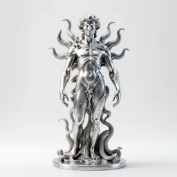 stylized shiny polished silver statue full body extra limbs bizarre cosmic horror made of marble of slug creature tendrils, perfect symmetrical body, perfect symmetrical face, hyper realistic, hyper detailed, by johannen voss, by michelangelo, octane render, blender, 8 k, displayed in pure white studio room